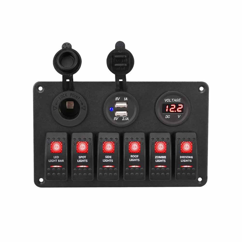 Panel de interruptor basculante automotriz de 6 entradas a prueba de agua, voltímetro para encendedor de cigarrillos, puerto USB Dual, luz LED roja DC12V/24V