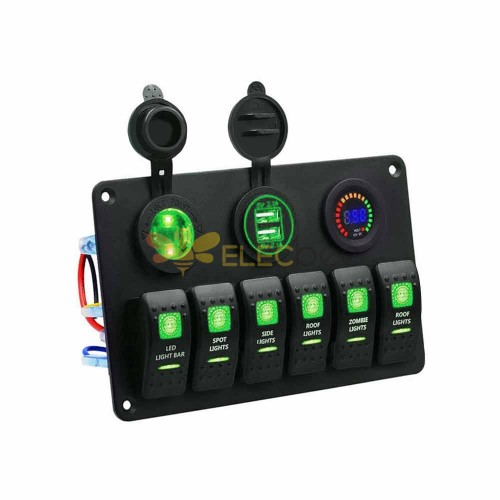 방수 6 웨이 RV 보트 요트 토글 로커 스위치 패널 전압계 USB 충전기 DC12V/24V 녹색 LED 빛