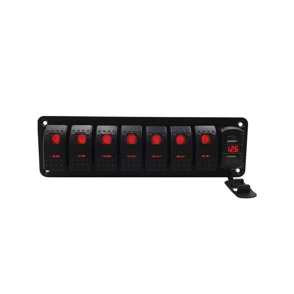 Wasserdichte 7-Positionen-Universal-Schalttafel für Boote und Autos mit 5-poligen Kombinationsschaltern, Dual-USB-Spannungsanzeige 4,8 A – rotes Licht