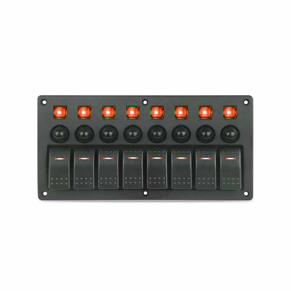 Waterproof 8 Switch Panel with Rocker Switches for Cars Caravans Boats 3 Pin with Overload Protector Red Illumination