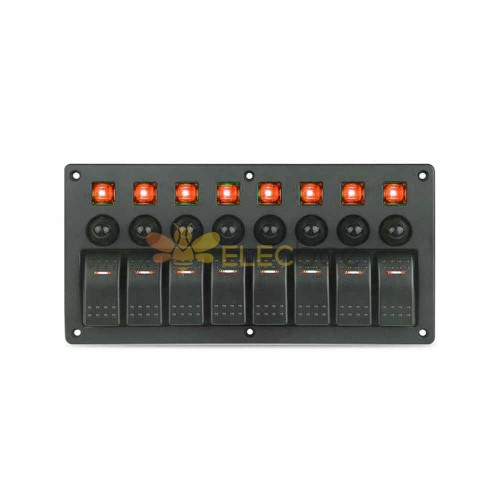 Waterproof 8 Switch Panel with Rocker Switches for Cars Caravans Boats 3 Pin with Overload Protector Red Illumination