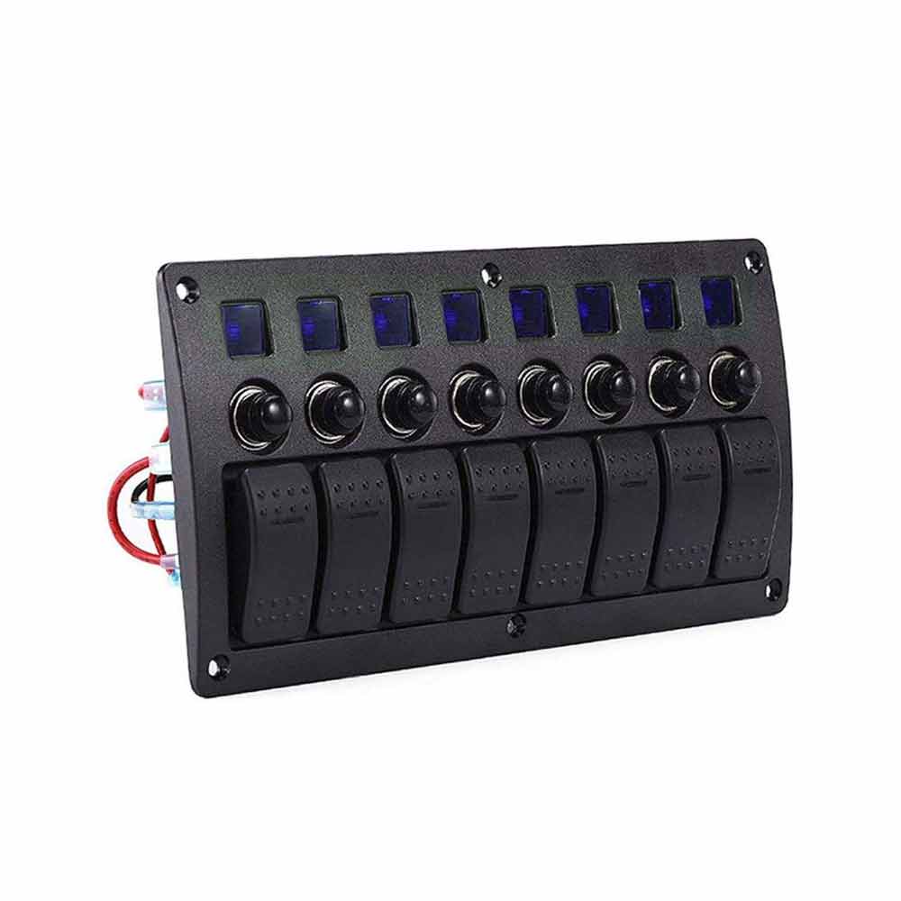 Waterproof 8 Switch Panel with Rocker Switches for Cars Caravans Boats 3 Pin with Overload Protector Red Illumination
