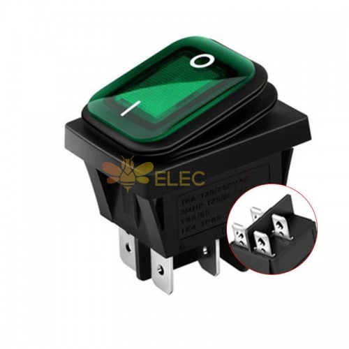 Interruptor oscilante de barco à prova d\'água KCD4 com luz verde - 4 pinos, 2 engrenagens, 220V / 12V