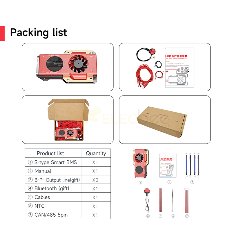 BMS Smart Board LiFePO4 with Fan Iron Lithium Battery Protection Board with Balance+bluetooth+RS485+CAN S-type 4~24 Series with Parallel Module 3.65V