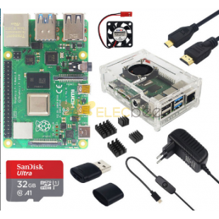 2GB RAM Raspberry Pi4B+カバーボックス+電源装置+32/64GBメモリカード+MicroHDMIDIYキット 32G EU Plug