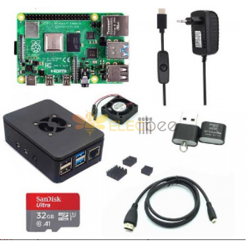 Catda 8GB RAM 라즈베리 파이 4B + 블랙 커버 박스 + 전원 공급 장치 + 32/64GB 메모리 카드 + 마이크로 HDMI DIY 키트 EU Plug 32G