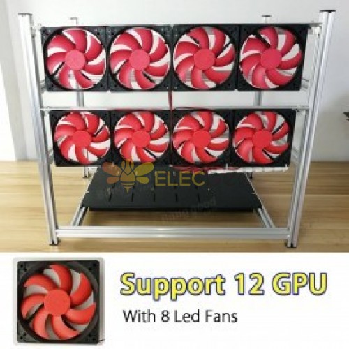 Gabinete de alumínio 12 GPU Open Air Mining Rig com 8 ventiladores de LED para ETH Ethereum