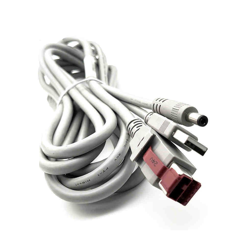 POS ターミナル データ ケーブル 電源付き USB 24V ～ USB2.0 ～ DC5.5 ベージュ PVC コーティング