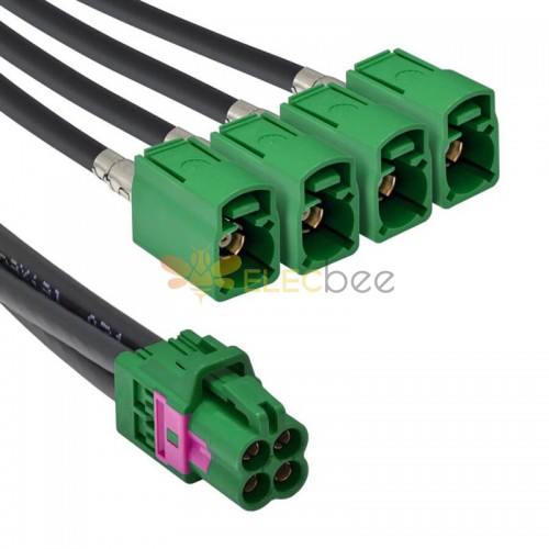 Mini Fakra A Type Jack 4 in 1 to Fakra E Jack 4 Ports Green Vehicle Car Coaxial Cable Assembly Customize 50cm Rosenberger