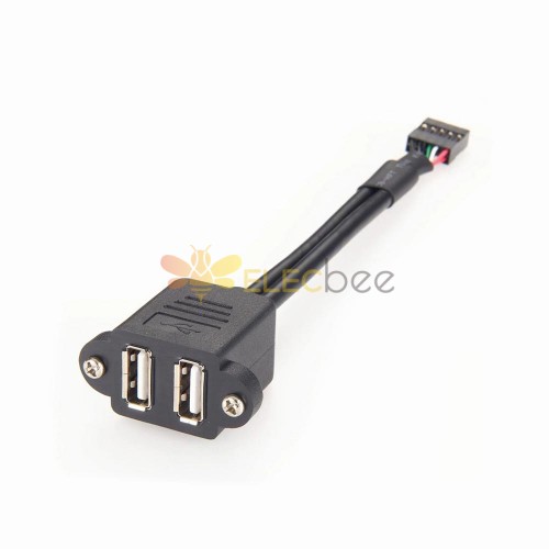 Panel Montajlı Çift USB Tip A 2.0 Soket - 10 pimli başlığa 2\'si 1 Arada Kablo Uzatması 20cm