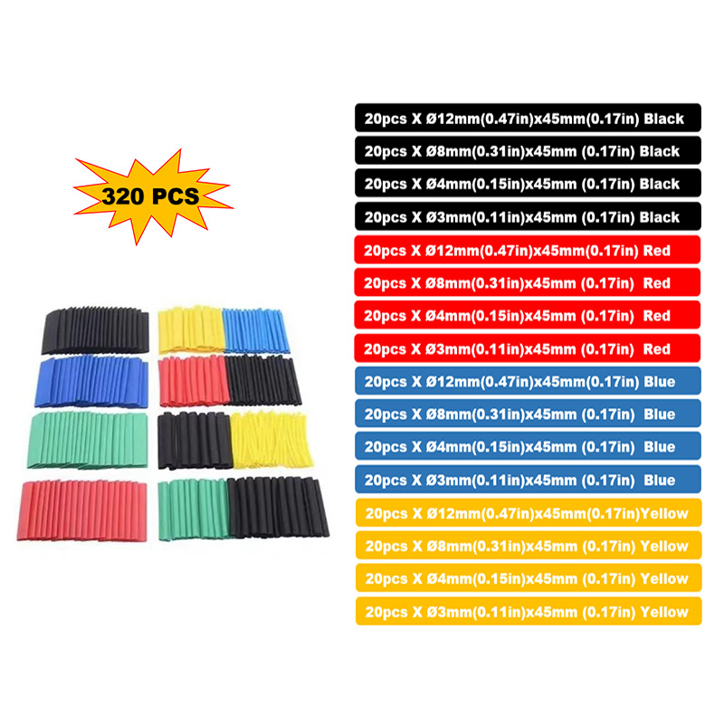 320 piezas de tubo termorretráctil negro, rojo, amarillo y verde, kit de bobinado de manga de cable automotriz de tubo de PE, kit de embalaje, cable de datos