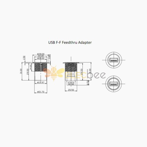 Adattatore presa USB tipo A da presa a presa con dado laterale posteriore  passaparete filettato M22