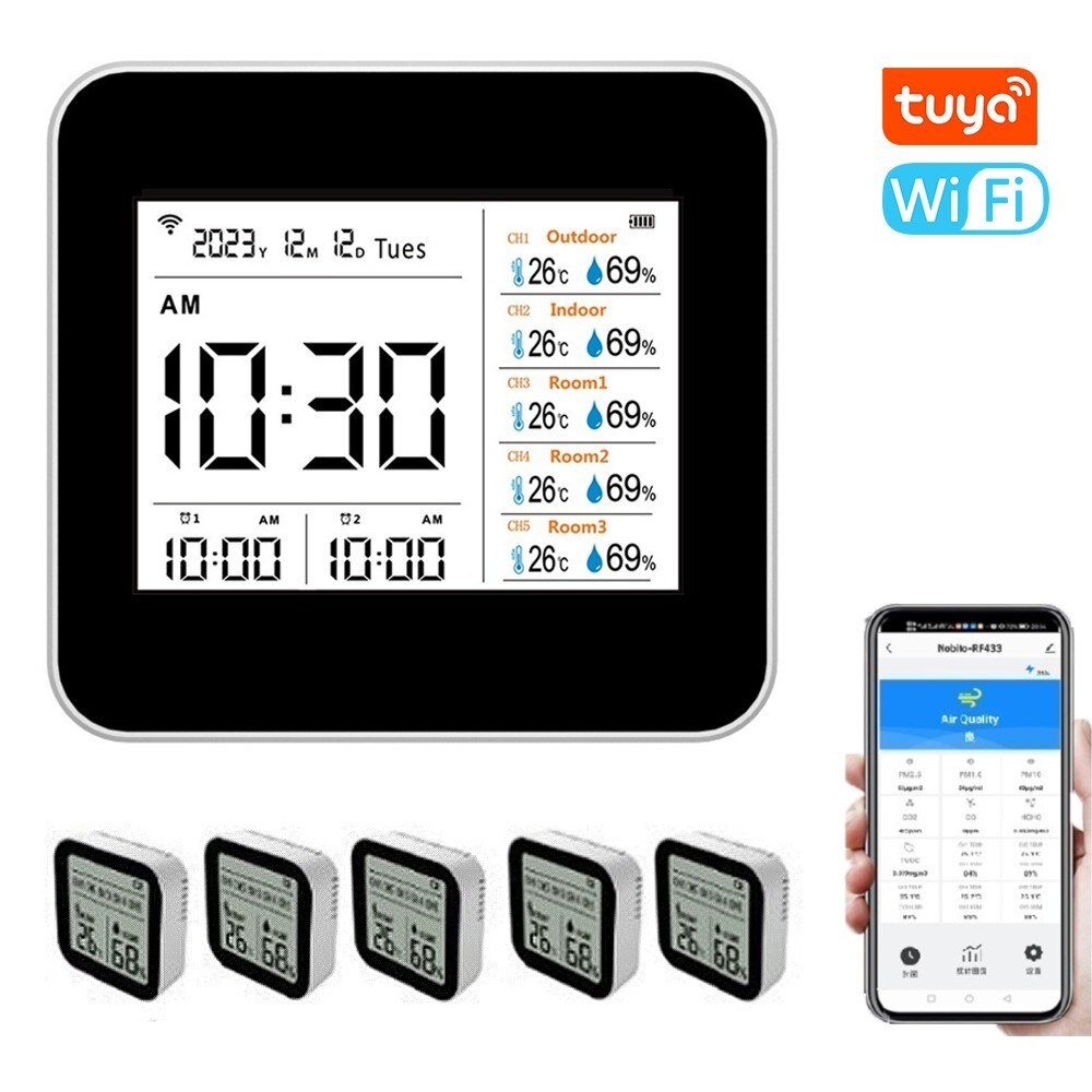 13 em 1 Tuya WIFI Inteligente Termômetro Higrômetro Monitor de medidor de umidade de temperatura preciso interno com suporte para exibição de tempo / calendário / alarme remoto Controle de APP para home office