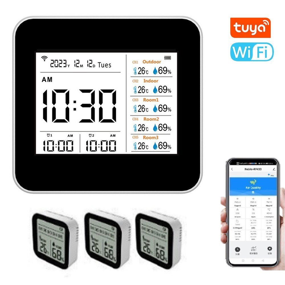 13 em 1 Tuya WIFI Inteligente Termômetro Higrômetro Monitor de medidor de umidade de temperatura preciso interno com suporte para exibição de tempo / calendário / alarme remoto Controle de APP para home office