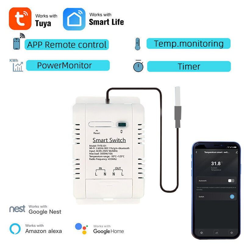 16A Tuya Smart WiFi Interruptor de temperatura Disjuntor de energia inteligente Medição de temperatura em tempo real Função de tempo e programação Controle de voz com Alexa Google Home