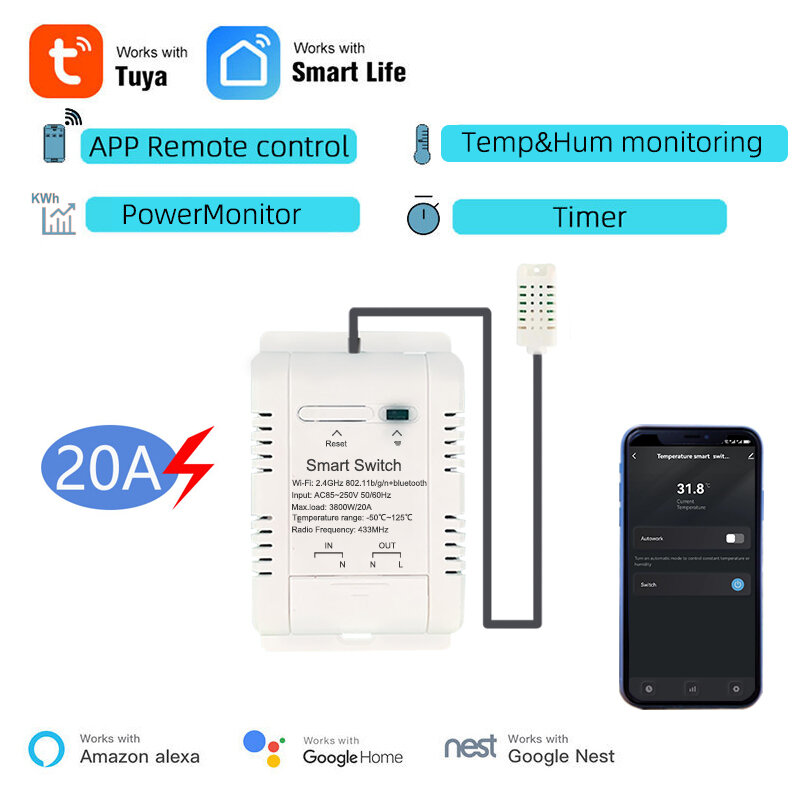 16A Tuya Smart WiFi Interruptor de temperatura Disjuntor de energia inteligente Medição de temperatura em tempo real Função de tempo e programação Controle de voz com Alexa Google Home