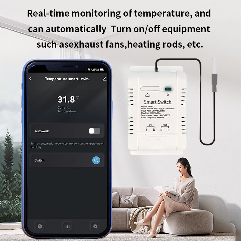 16A Tuya Smart WiFi Interruptor de temperatura Disjuntor de energia inteligente Medição de temperatura em tempo real Função de tempo e programação Controle de voz com Alexa Google Home