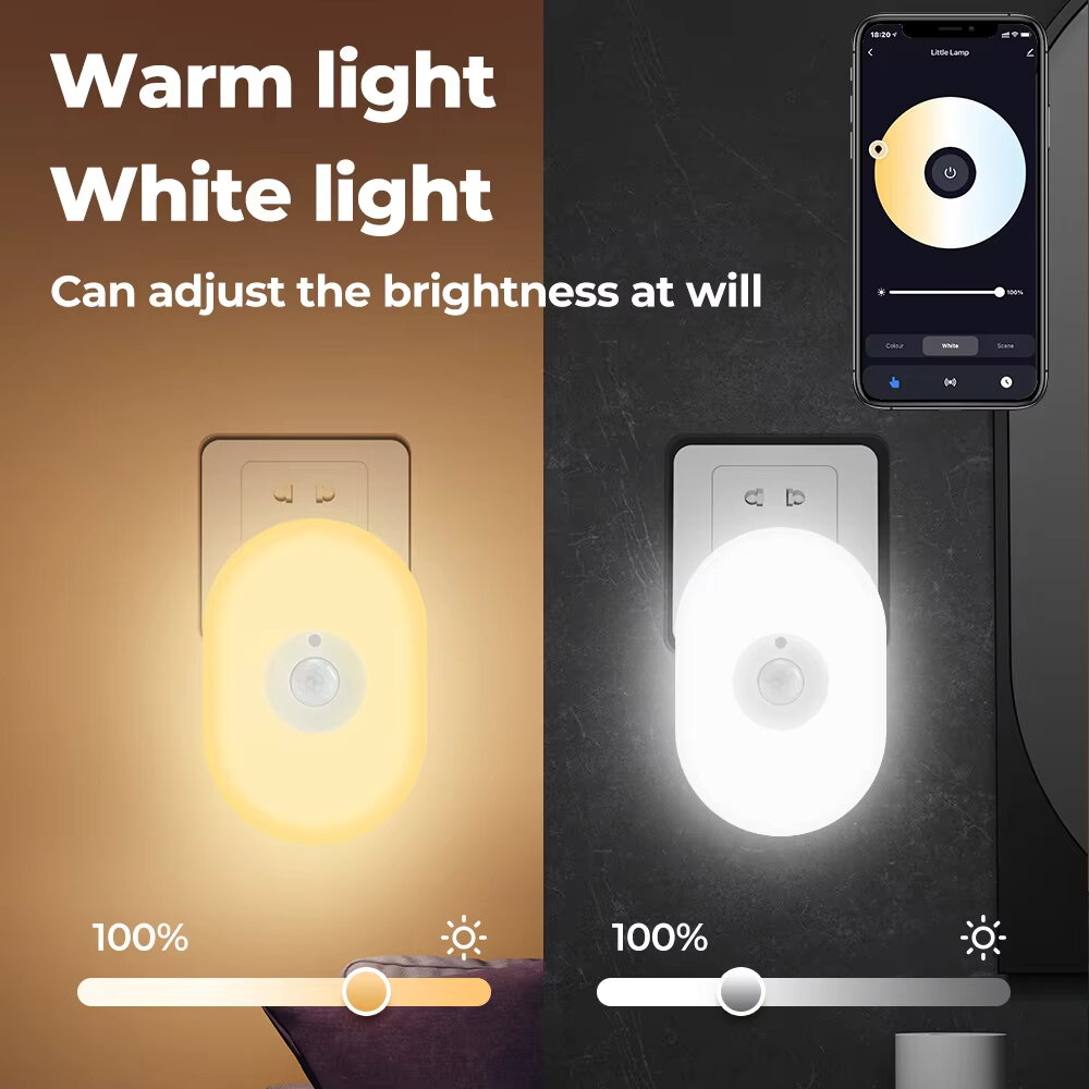 2 em 1 Tuya Smart WiFi LED Luz noturna PIR Sensor de movimento Plugue UE / EUA / Reino Unido Lâmpada de parede plug-in Iluminação branca quente Função de temporização Controle de voz com Alexa Google Home Assistant