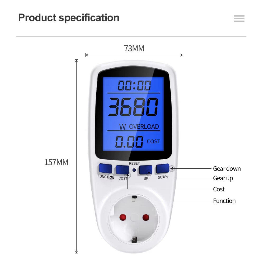 DDS108L Digital LCD Wattmeter 220V 110V AC Power Meter Backlight Electricy Consumption Energy Meter EU Plug Power Kilowatt Wattage Meter