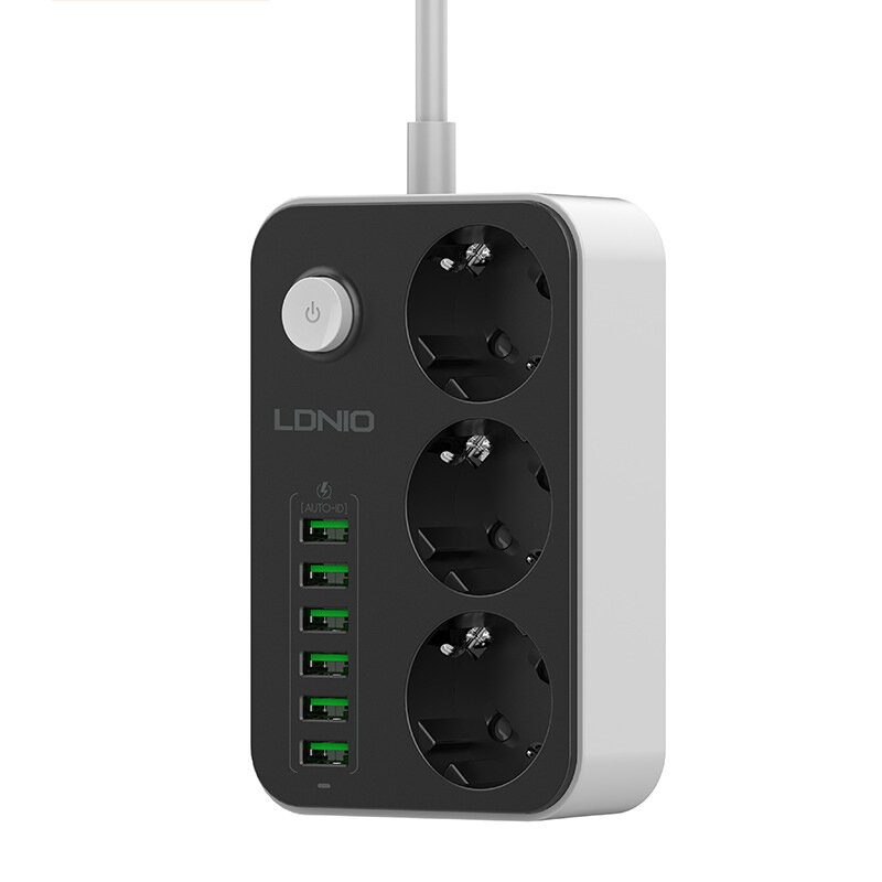 LDNIO SE3631 Power Strip Padrão Europeu 3 Tomadas com 6 Auto-id USB Multi Tomada Elétrica Placa de Plug UE