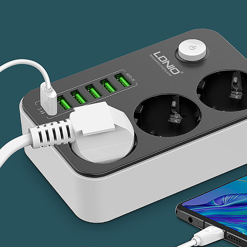 LDNIO SE3631 Power Strip Padrão Europeu 3 Tomadas com 6 Auto-id USB Multi Tomada Elétrica Placa de Plug UE