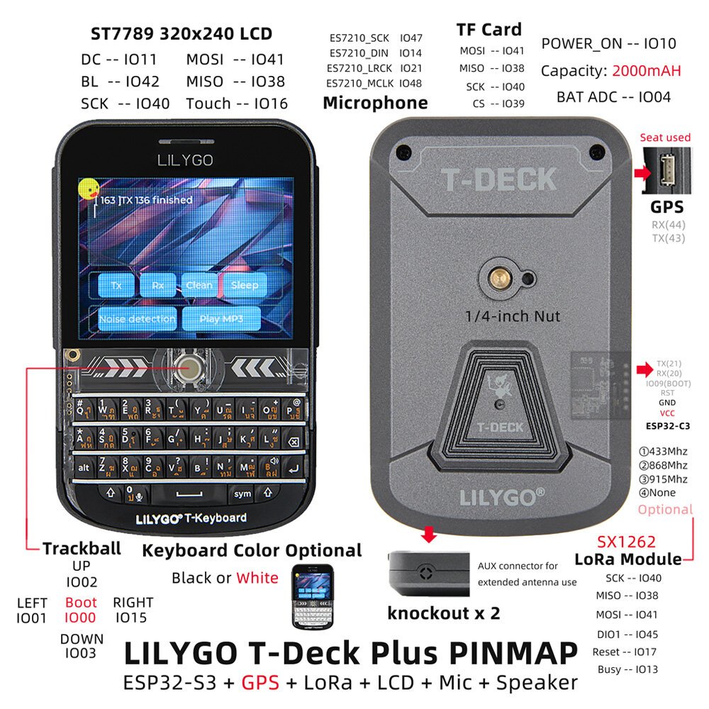 LILYGO T-Deck Plus ESP32-S3 Development Board GPS LoRaWAN with 2.8 inch LCD 2000mAh Battery Wi-Fi bluetooth