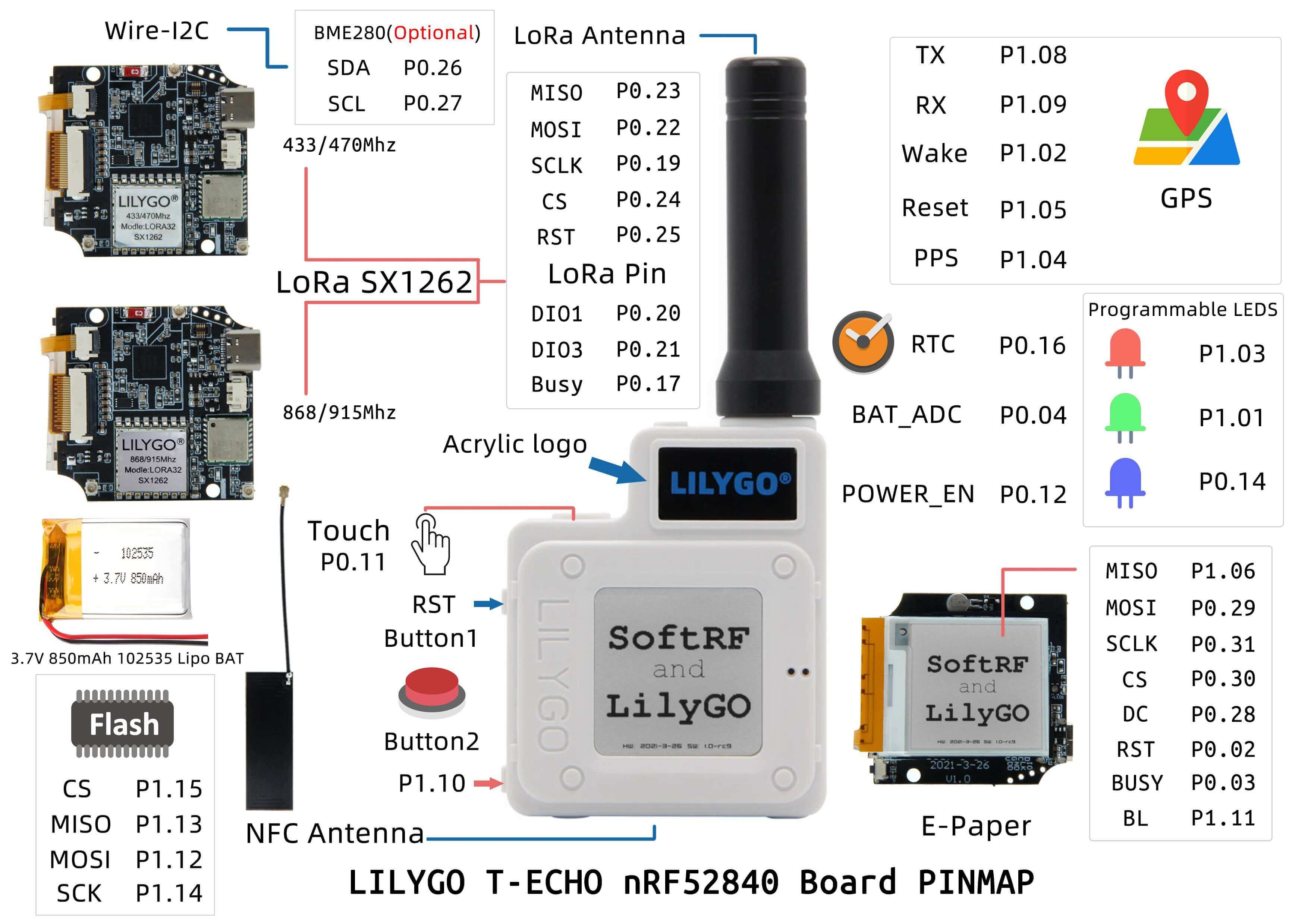 T-Echo SoftRF NRF52840 LoRa SX1262 433/868/915MHz Wireless Module L76K GPS 1.54 E-Paper BME280 Sensor for Arduino