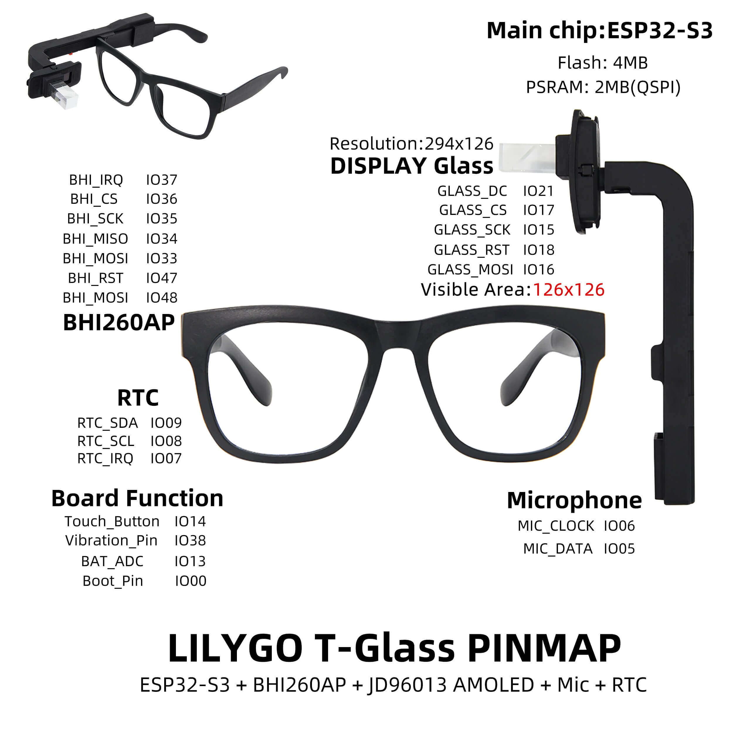 LILYGO T-Glass ESP32-S3 Programmable Smart Glasses 1.1 Inch AMOLED Screen Bluetooth Wi-Fi Microphone Touch Button Wearable Tech