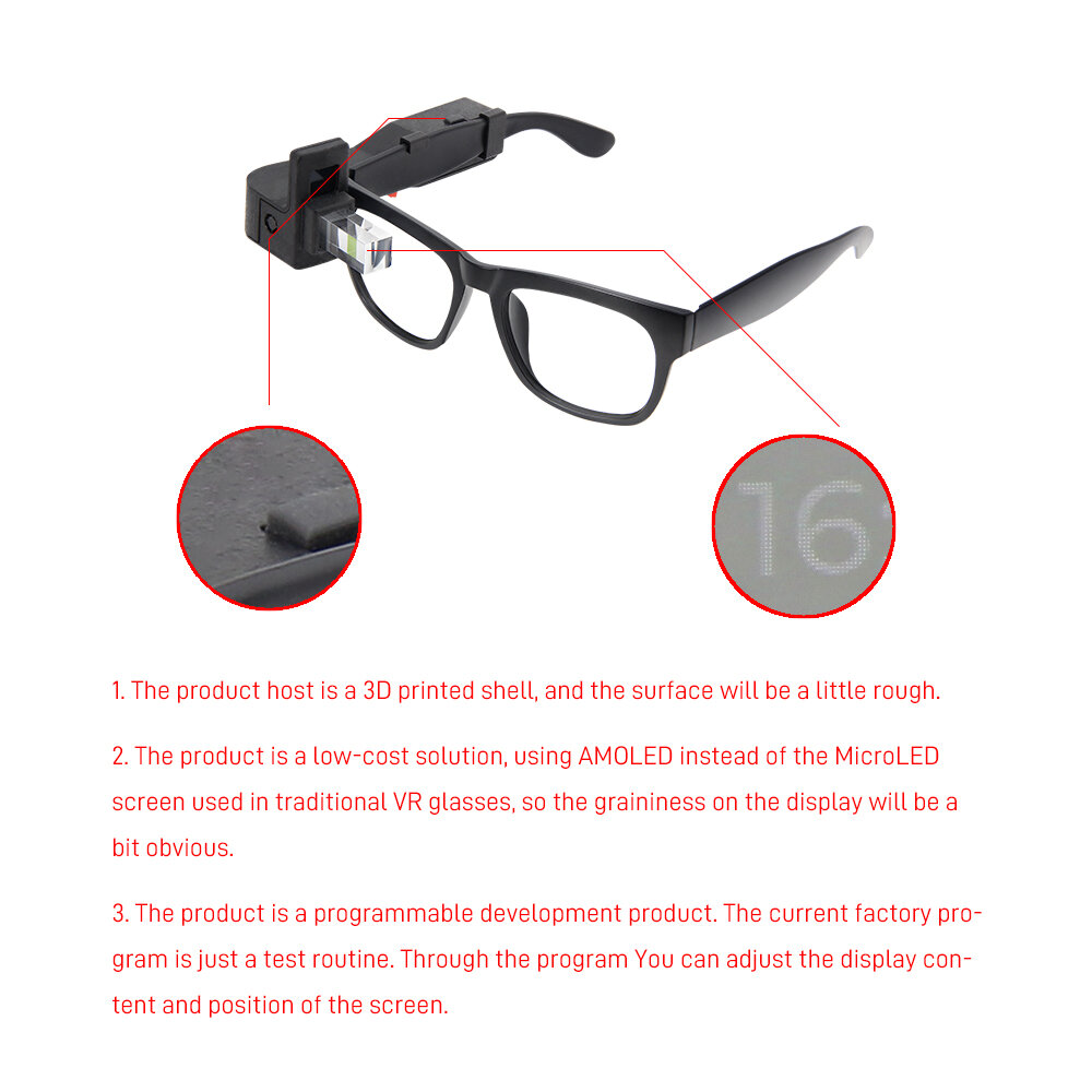 LILYGO T-Glass ESP32-S3 Programmable Smart Glasses 1.1 Inch AMOLED Screen Bluetooth Wi-Fi Microphone Touch Button Wearable Tech