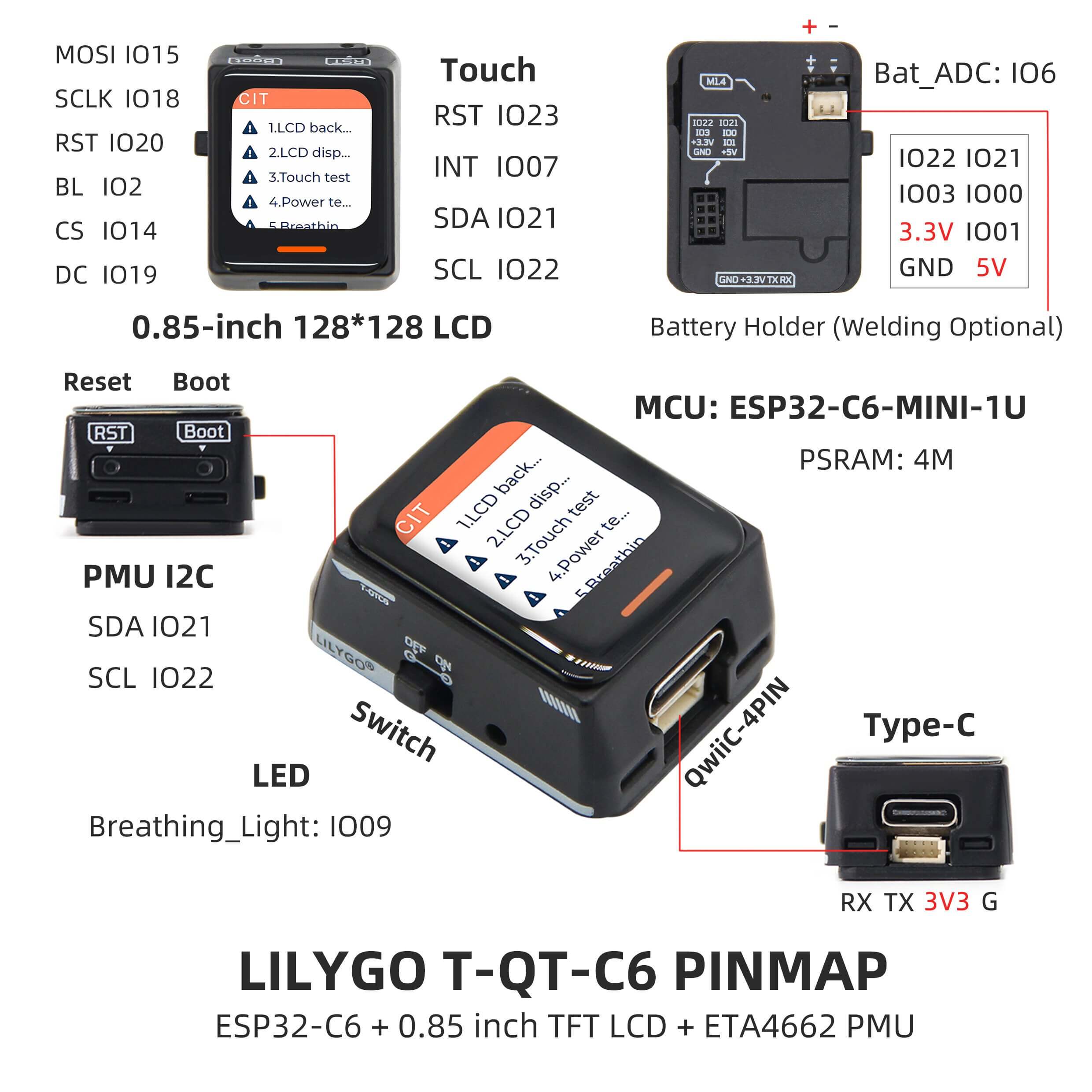 T-QTC6 ESP32-C6 Development Board 0.85 inch Touch LCD Display WiFi 6 Bluetooth 5 Wireless Module With Power Management