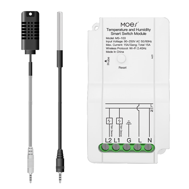 MOES MS-103 Módulo de interruptor de umidade e temperatura WiFi inteligente Sensor Saída de relé duplo Aplicativo Smart Life Controlador sem fio Controle de voz com Alexa Google