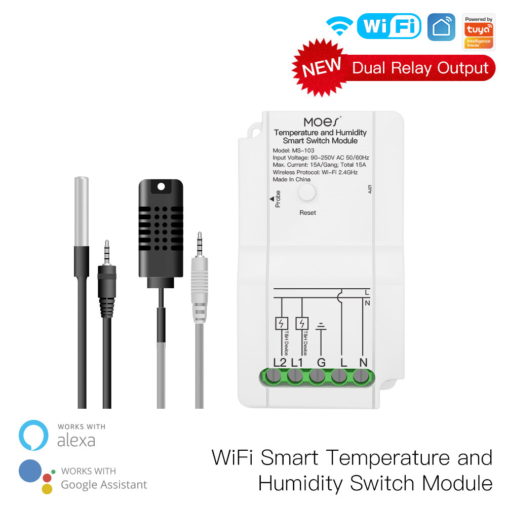 MOES MS-103 Módulo de interruptor de umidade e temperatura WiFi inteligente Sensor Saída de relé duplo Aplicativo Smart Life Controlador sem fio Controle de voz com Alexa Google