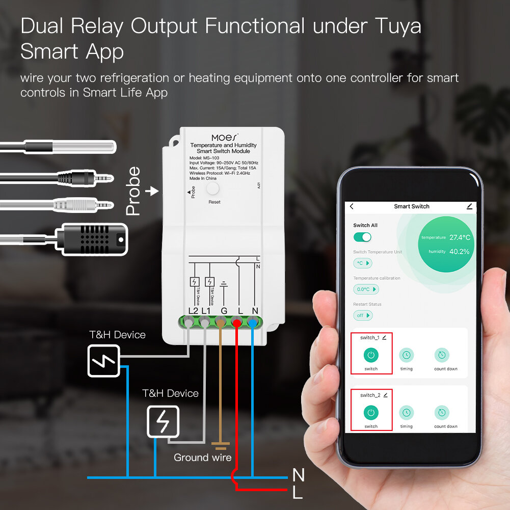 MOES MS-103 Módulo de interruptor de umidade e temperatura WiFi inteligente Sensor Saída de relé duplo Aplicativo Smart Life Controlador sem fio Controle de voz com Alexa Google