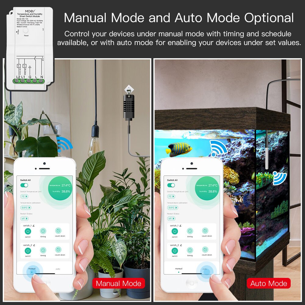 MOES MS-103 Módulo de interruptor de umidade e temperatura WiFi inteligente Sensor Saída de relé duplo Aplicativo Smart Life Controlador sem fio Controle de voz com Alexa Google