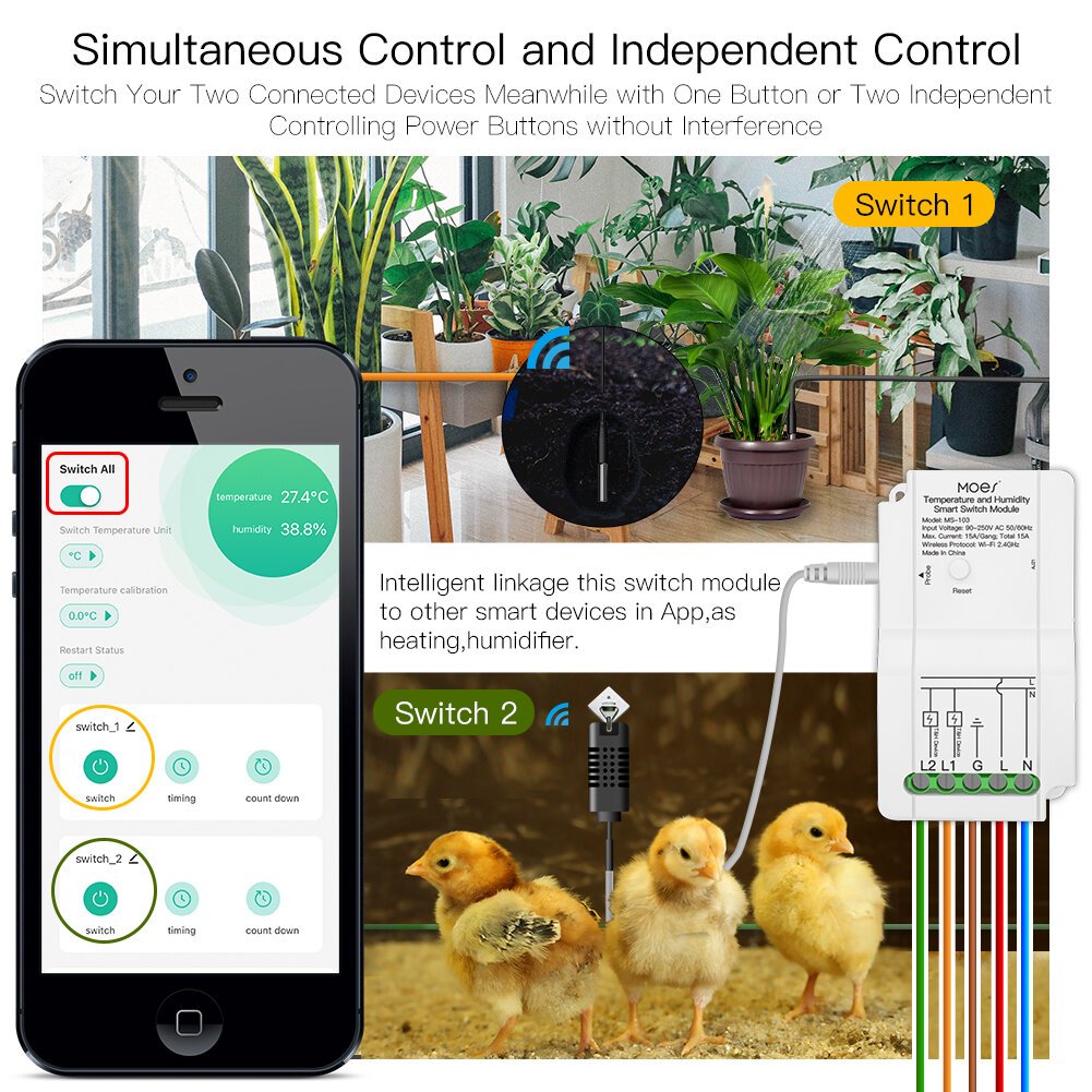 MOES MS-103 Módulo de interruptor de umidade e temperatura WiFi inteligente Sensor Saída de relé duplo Aplicativo Smart Life Controlador sem fio Controle de voz com Alexa Google
