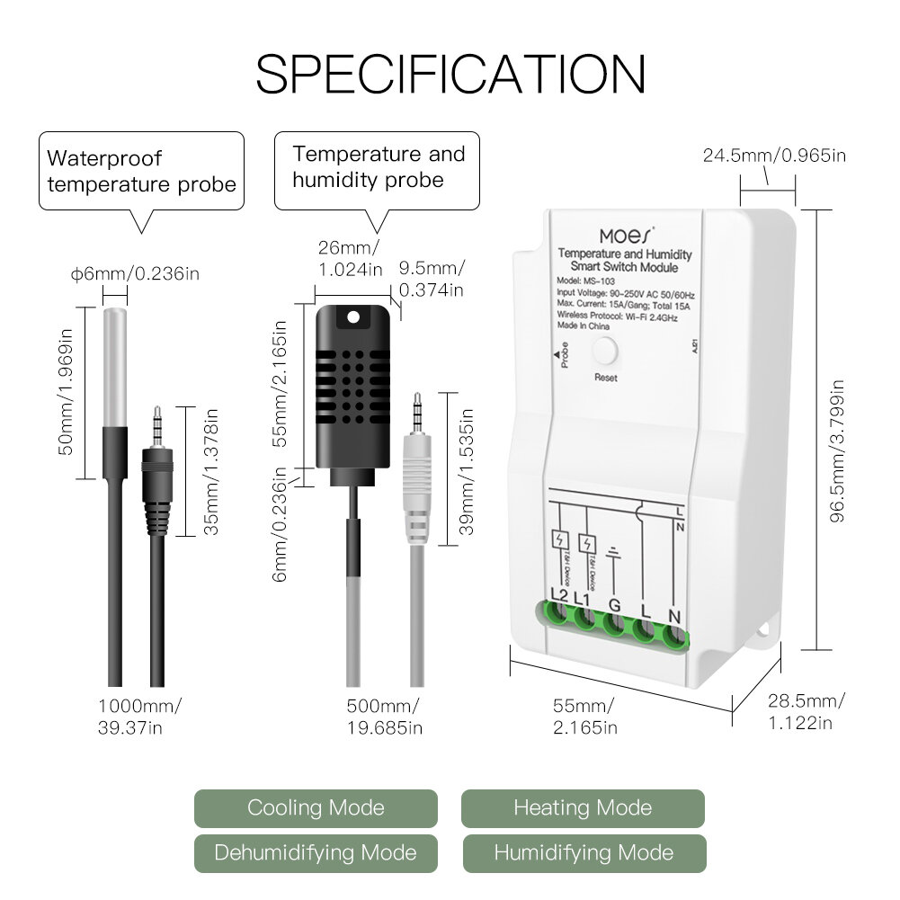 MOES MS-103 Módulo de interruptor de umidade e temperatura WiFi inteligente Sensor Saída de relé duplo Aplicativo Smart Life Controlador sem fio Controle de voz com Alexa Google