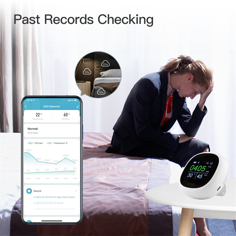 Moes Tuya bluetooth Detector de dióxido de carbono de qualidade do ar com alarme Relógio testador inteligente de temperatura, umidade e ar APP remoto Monitor sem fio