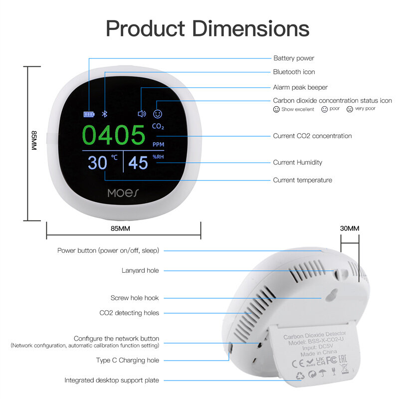 Moes Tuya bluetooth Detector de dióxido de carbono de qualidade do ar com alarme Relógio testador inteligente de temperatura, umidade e ar APP remoto Monitor sem fio