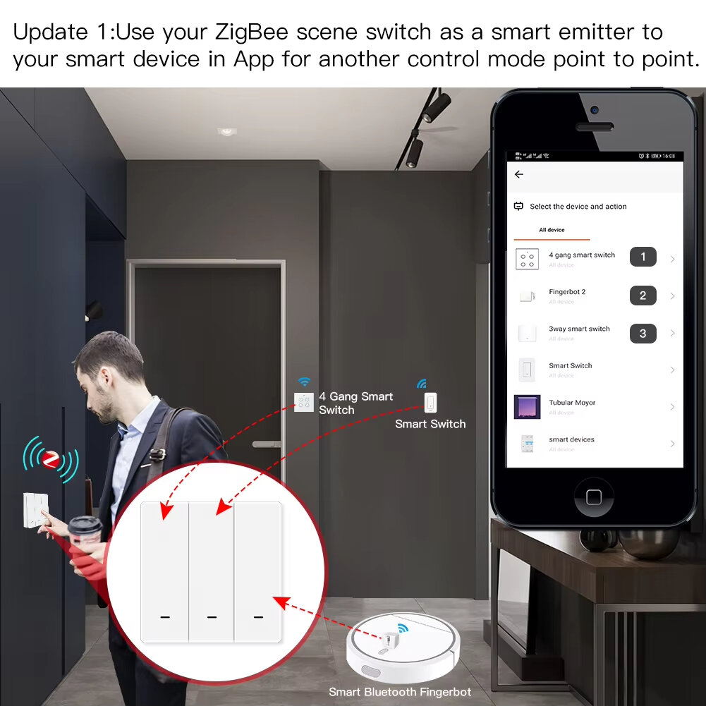 MOES Tuya ZigBe Wireless 9 Scene Switch Botão de pressão Transmissor alimentado por bateria Smart Life App Automation 1/2/3 Gang Smart Home Scene Switch