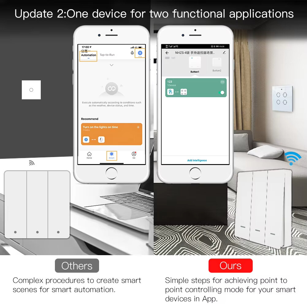 MOES Tuya ZigBe Wireless 9 Scene Switch Botão de pressão Transmissor alimentado por bateria Smart Life App Automation 1/2/3 Gang Smart Home Scene Switch