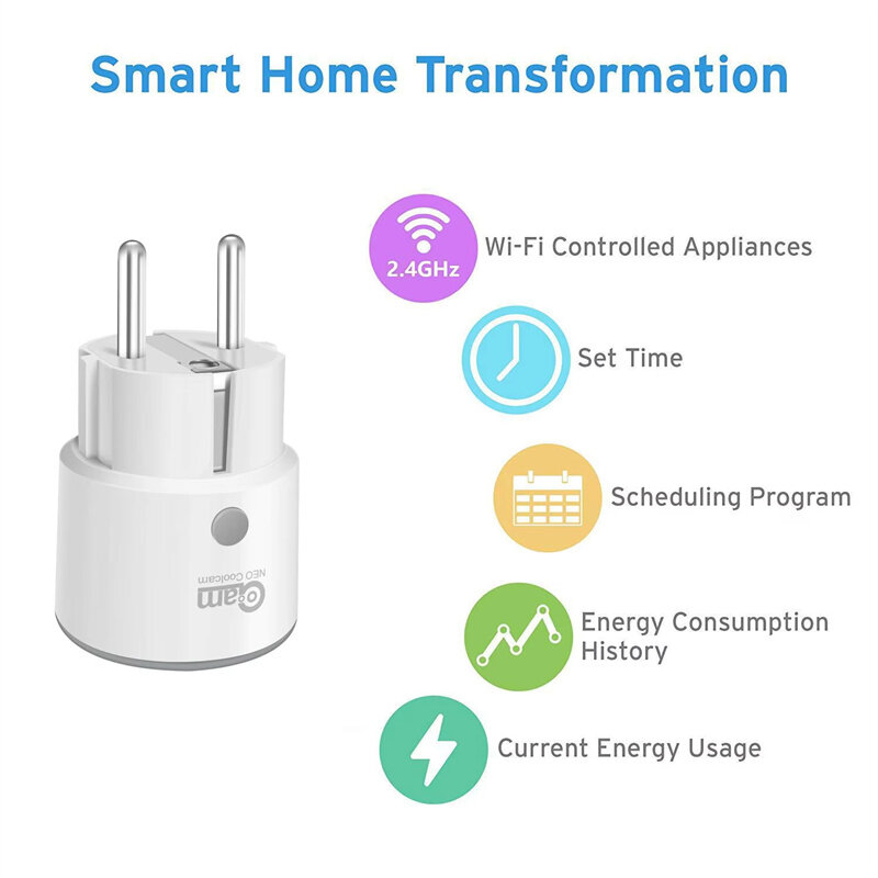 NEO 16A 3680W Tuya WiFi Smar Plug Socket Power Energy Monitoring Timer Switch EU Outlet Voice Control Work with Alexa Google Assistant