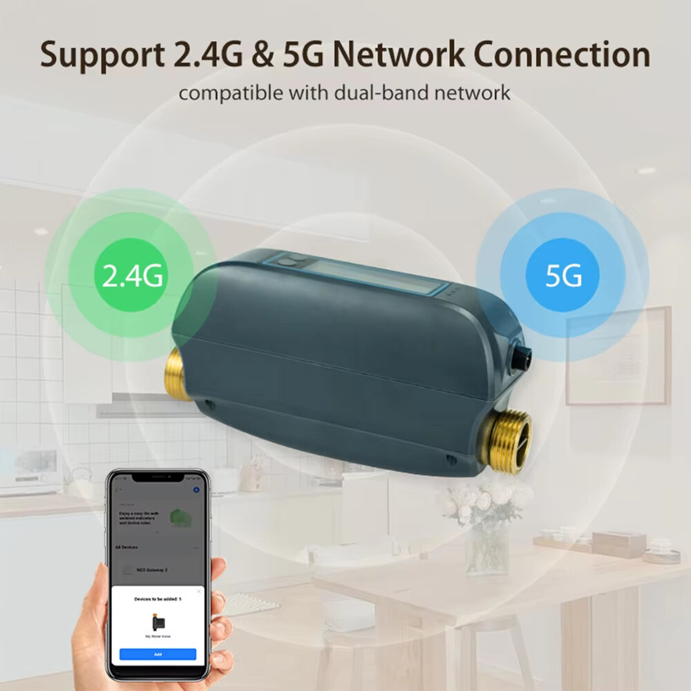 NEO DN20 Tuya Smart WiFi Válvula de água Taxa de fluxo de água e medidor de água ligado / desligado Controle Remoto Exibição em tempo real IP66 à prova d\'água Trabalho com Alexa Google Assistant