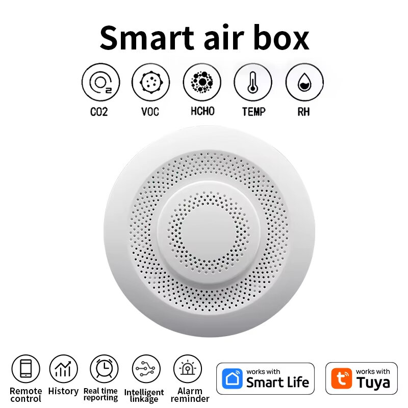 Smart Tuya Zigbe WIFI Airbox CO2 Formaldeído VOC Detector Temperatura Umidade Sensor Controle de aplicativo Smart Home Scene Linkage Trabalhe com Amazon Google Assistant