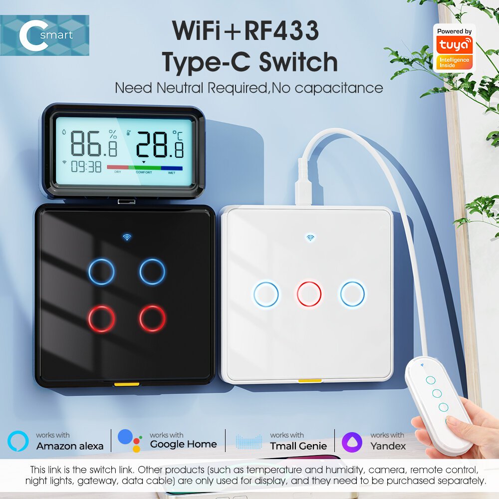 SMATRUL Tuya Wireless WiFi RF433 Smart Home Interruptor de luz montado na parede Interruptores de controle do painel de toque Função de temporização Controle remoto de APP Controle de voz com Alexa Google Assistant Yandex Tmall Genie