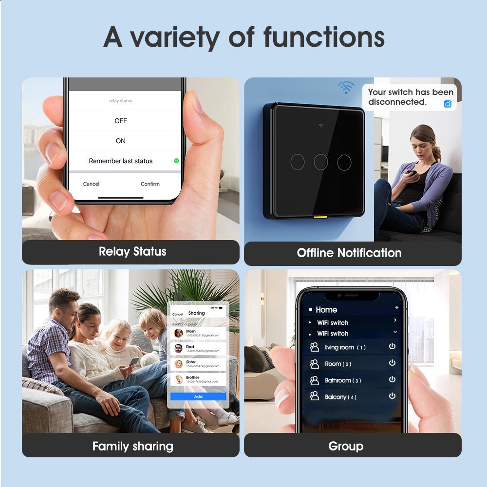 SMATRUL Tuya Wireless WiFi RF433 Smart Home Interruptor de luz montado na parede Interruptores de controle do painel de toque Função de temporização Controle remoto de APP Controle de voz com Alexa Google Assistant Yandex Tmall Genie