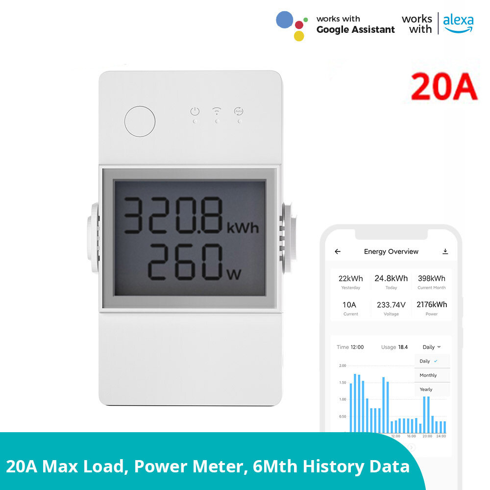 Sonoff POW Elite 20A Smart Wifi Power Meter Switch Controlador de energia inteligente Histórico de consumo de 6 meses Proteção contra sobrecarga de dados assistida com Alexa Google Home POWR320D