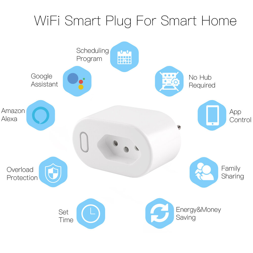 Plugue inteligente padrão brasil tuya 16a, com monitor de energia, aplicativo smart life, wi-fi, soquete inteligente, funciona para google home, alexa