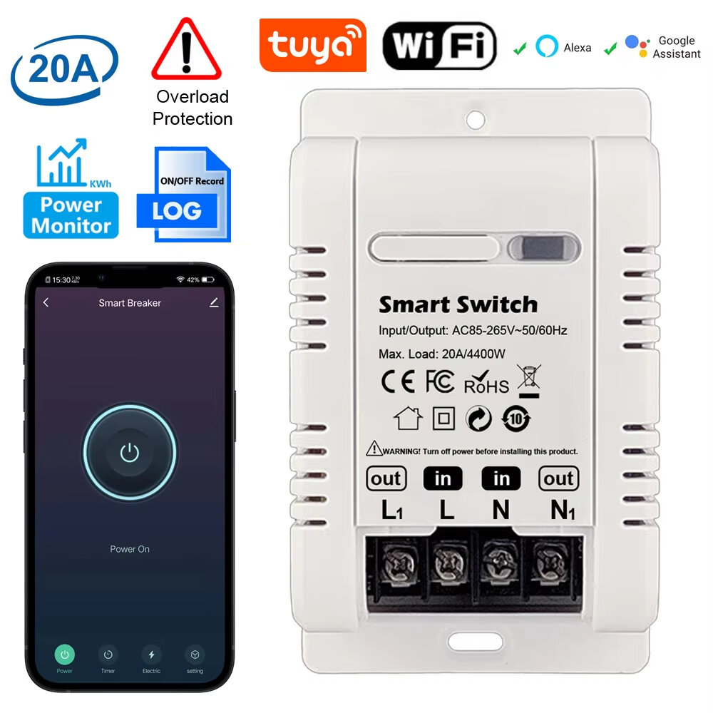 Tuya 20A WiFi Smart Switch Disjuntor APP Controle Power Monitor Proteção contra sobrecarga funciona com Alexa Google Home Siri