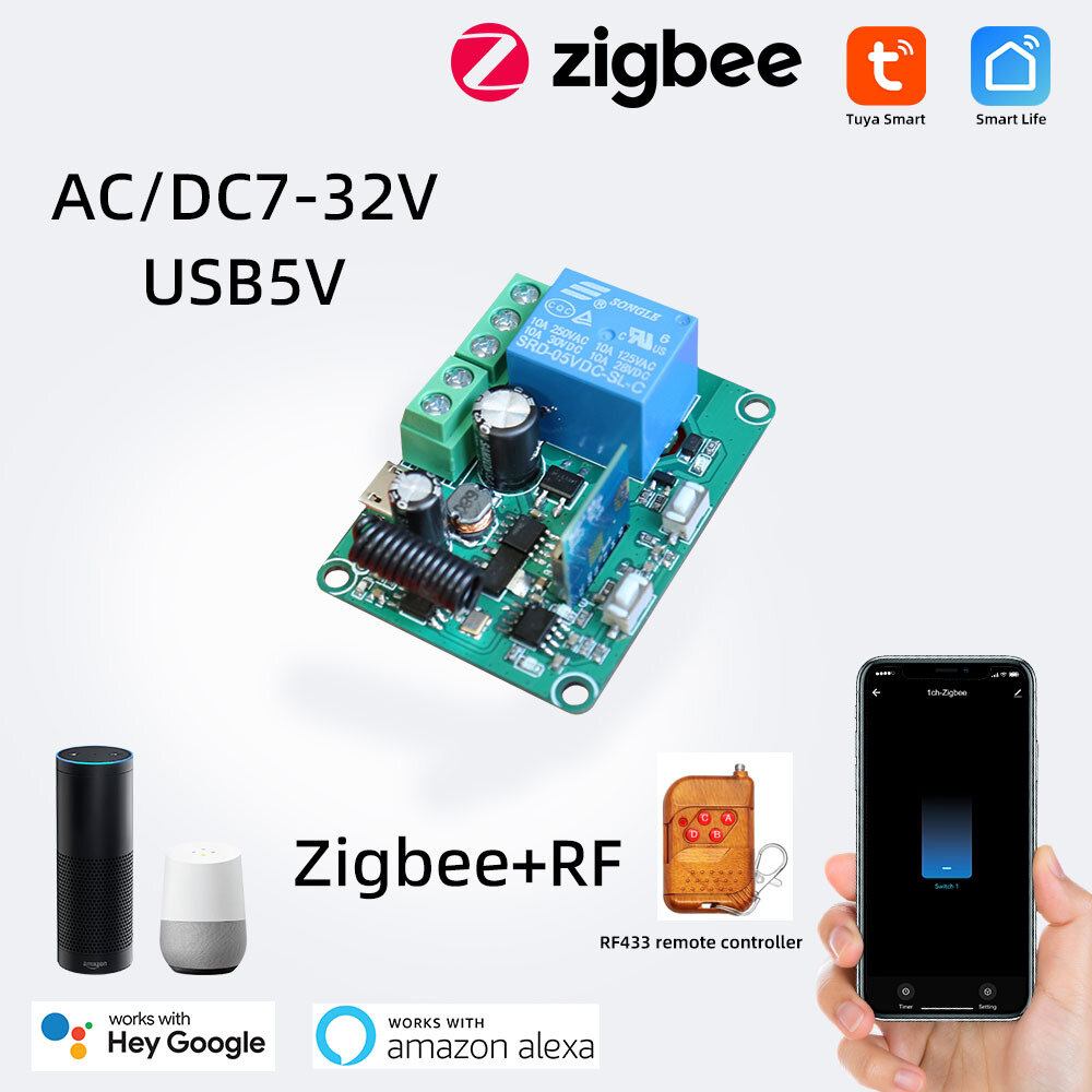 Tuya 7-32V スマート Zigbe スイッチ ミニ RF モジュール タイミング/スケジュール機能 スマートシーンアプリケーション APP リモートモニター Alexa Google Home による音声制御