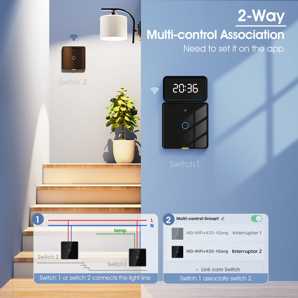 Tuya Smart WiFi RF433 Interruptor de luz montado na parede Controle do painel de toque Função de temporização Controle remoto de APP Controle de voz com Alexa Google Assistant Yandex Tmall Genie